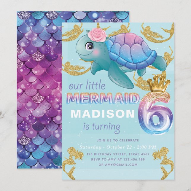 Mermaid 6th Birthday Pink Blue Gold Glitter Invitation (Front/Back)