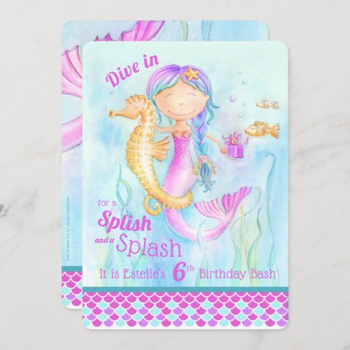 Mermaid 6th Birthday pool party art invitations