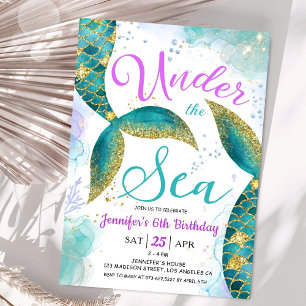 Mermaid 6th Birthday Purple Teal Under the Sea Invitation