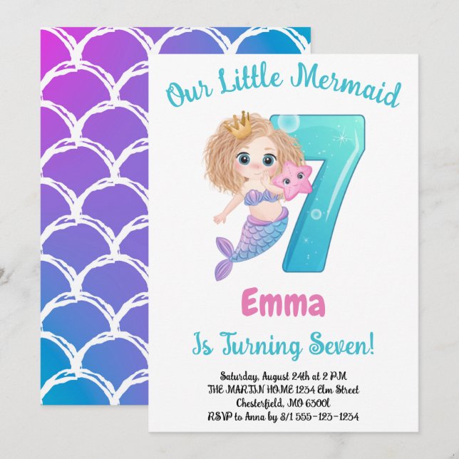 Mermaid 7th Birthday Party Invitation (Front/Back)