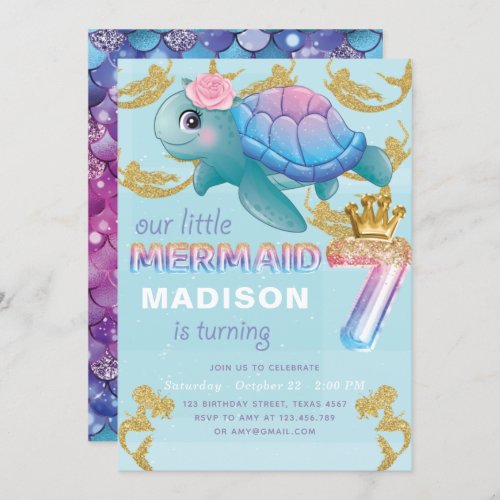 Mermaid 7th Birthday Pink Blue Gold Glitter Invitation