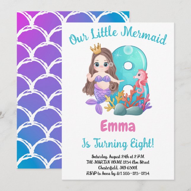 Mermaid 8th Birthday Party Invitation (Front/Back)