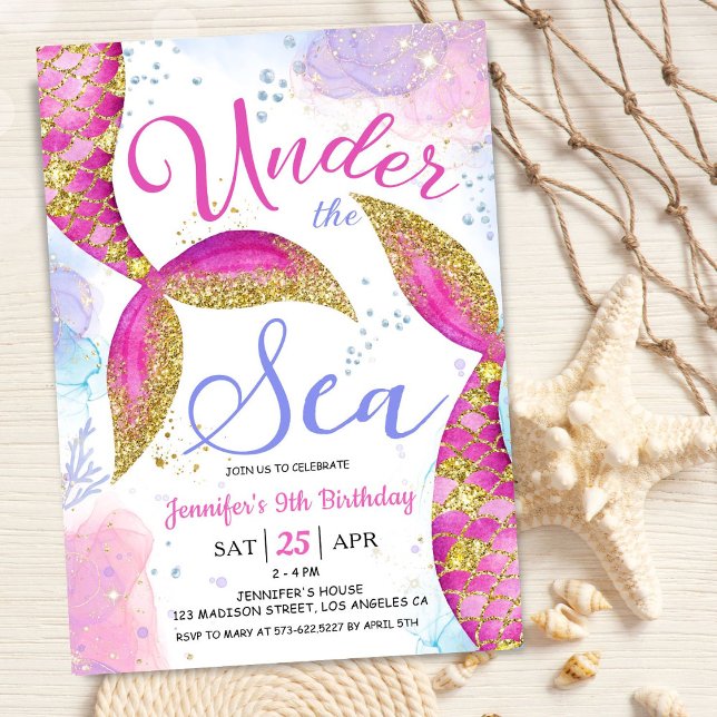 Mermaid 9th Birthday Girl Pink Under the Sea Invitation (Creator Uploaded)