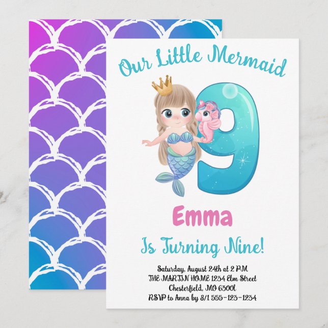 Mermaid 9th Birthday Party Invitation (Front/Back)