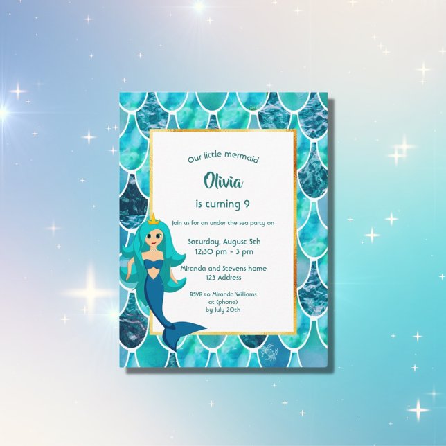 Mermaid 9th Birthday party invitation turquoise Postcard (Creator Uploaded)