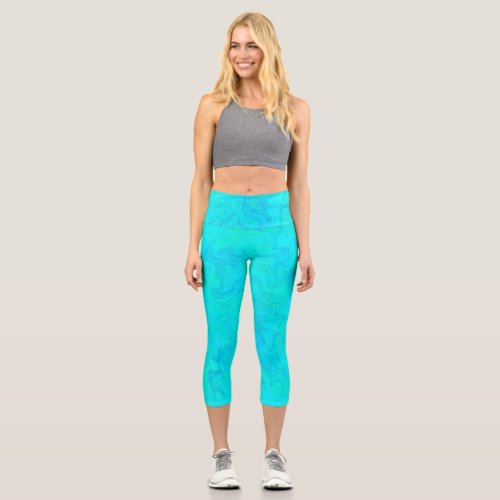 Mermaid Abstract Ocean Teal Paint Swirl Capri Leggings