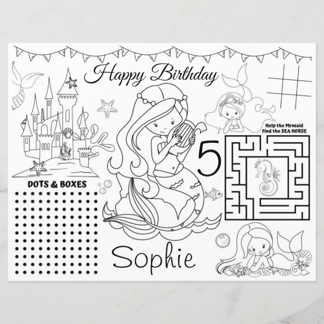 Mermaid Activity sheet, Mermaid Coloring page game (Front)