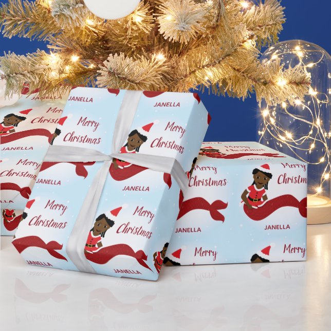 Mermaid African America Santa Outfit Name Wrapping Paper (Holidays)