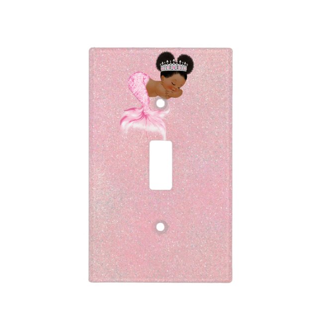 Mermaid African American Baby Pink Nursery Light Switch Cover (Front)