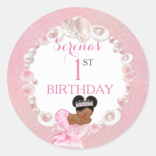 Mermaid African American Baby Pink Shell Pearls Classic Round Sticker
