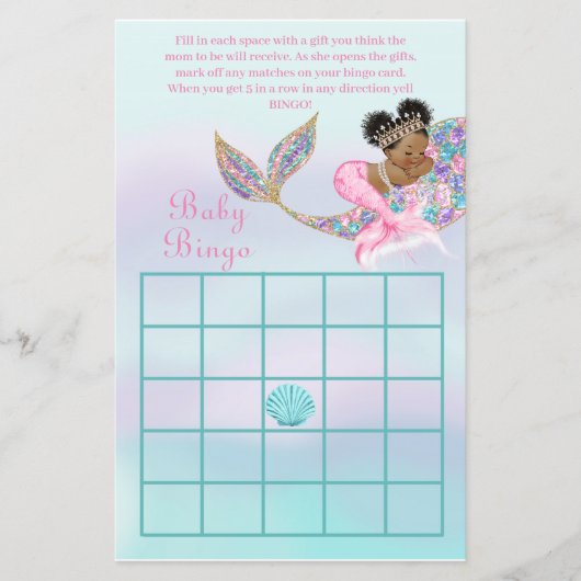Mermaid African American baby shower games Bingo (Front)