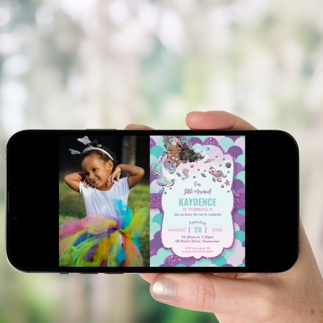 Mermaid African American Birthday Party Photo Invitation (Front Digital)