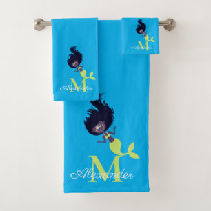 Mermaid African American Brown Black Girl  Bath To Towel Set