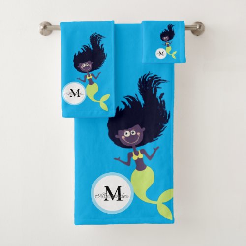 Mermaid African American Brown Black Girl  Bath Towel Set