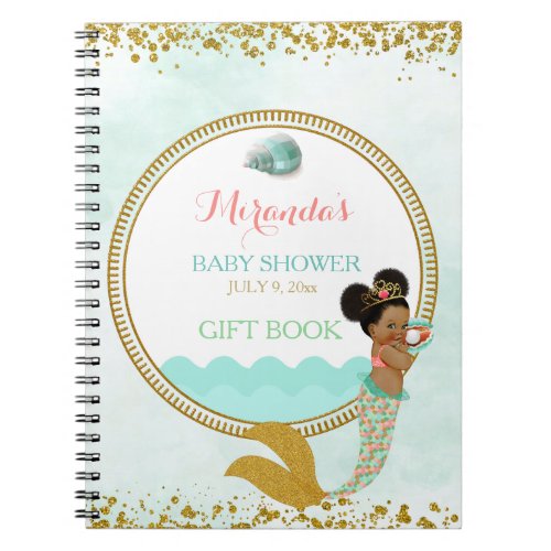 Mermaid African American Girl Peach Mint Gold Notebook