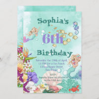 Mermaid Age Cute Green Under The Sea Birthday Invitation