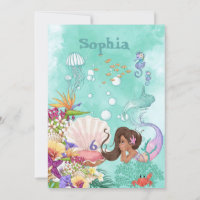 Mermaid Age Dark Hair Under The Sea Birthday  Invitation