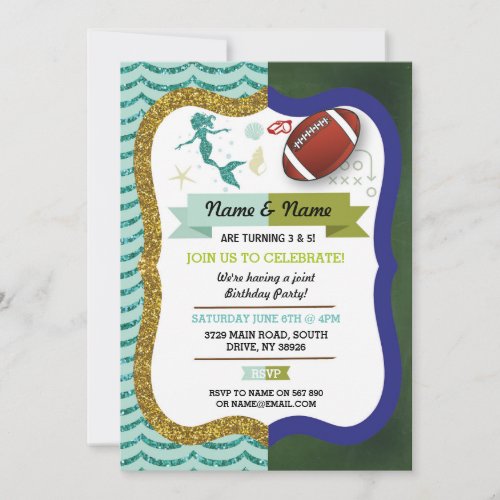Mermaid  American Football Boy Girl Birthday Invitation