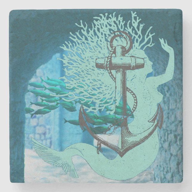 Mermaid And Anchor Stone Coaster (Front)