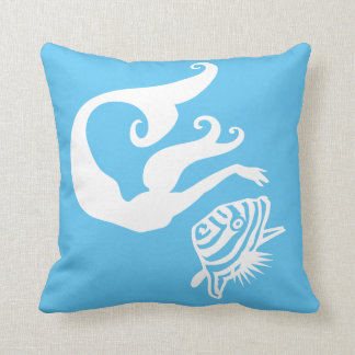 mermaid and angel fish White on blue pillow