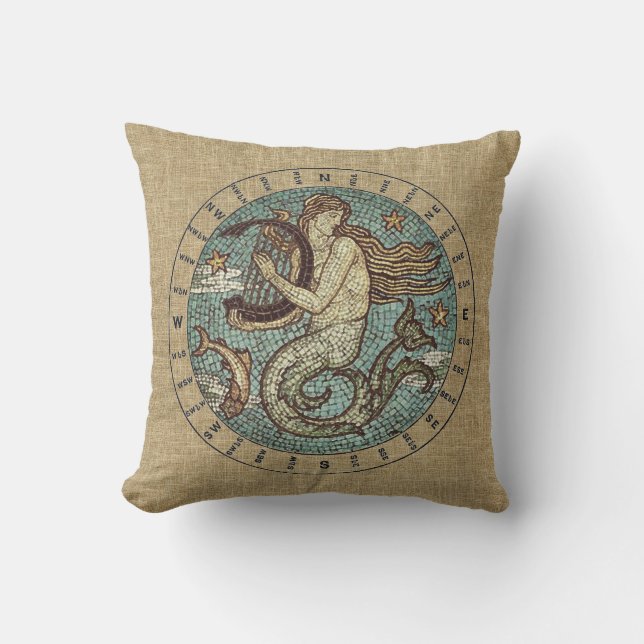 MERMAID AND COMPASS OUTDOOR PILLOW - 16" square (Front)