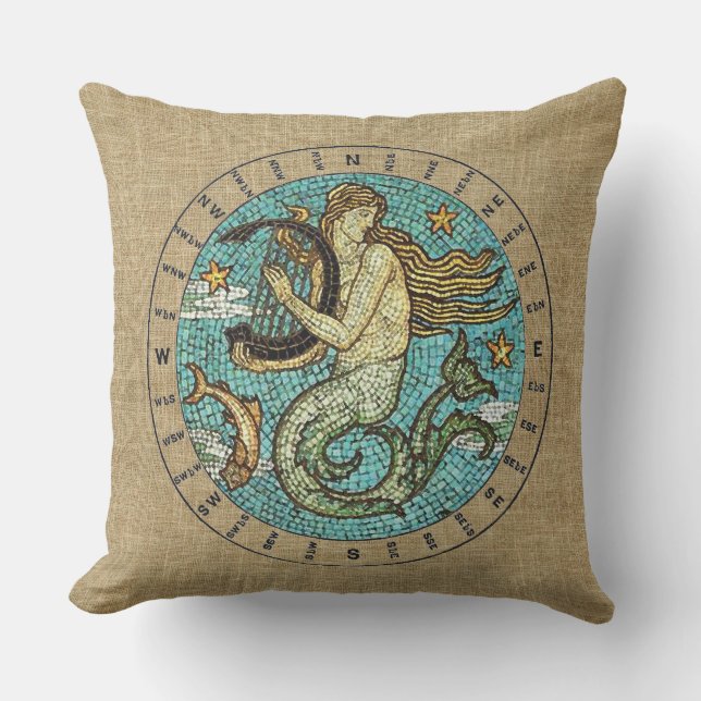 MERMAID AND COMPASS OUTDOOR PILLOW - 20" square (Front)