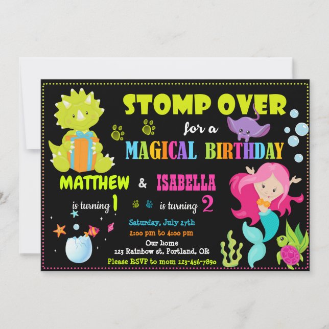 Mermaid and Dinosaur birthday invitation Joint (Front)