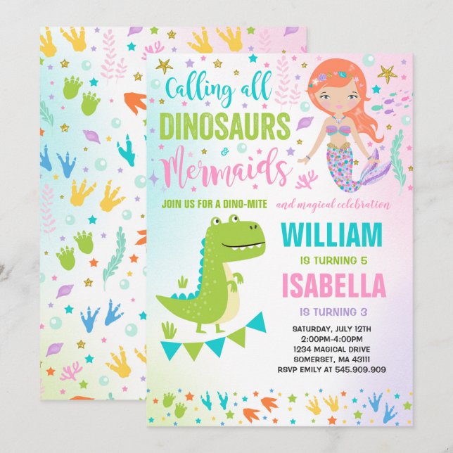 Mermaid And Dinosaur Birthday Invitation Magical (Front/Back)