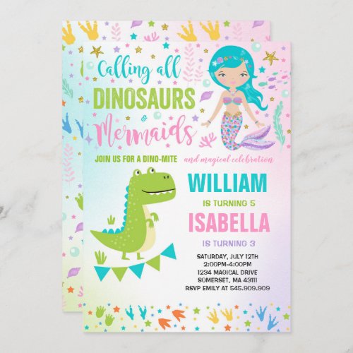 Mermaid And Dinosaur Birthday Invitation Magical