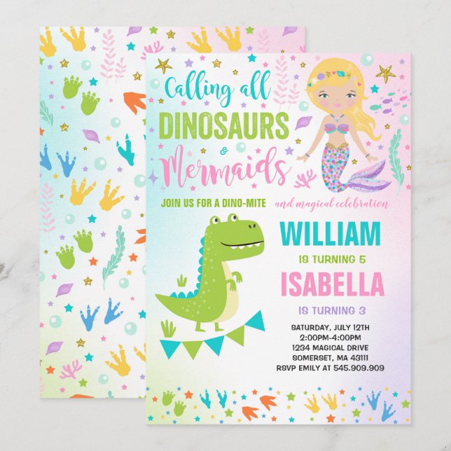 Mermaid And Dinosaur Birthday Invitation Magical (Front/Back)