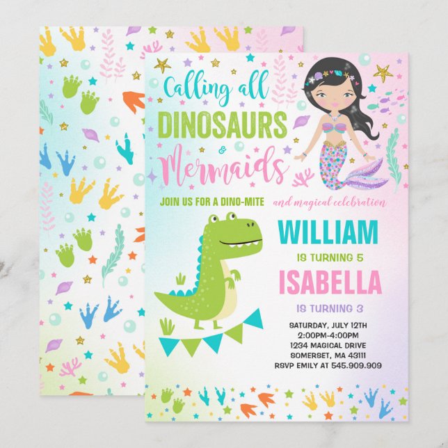 Mermaid And Dinosaur Birthday Invitation Magical (Front/Back)