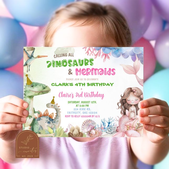 Mermaid And Dinosaur Twins Joint Birthday Invitation (Creator Uploaded)