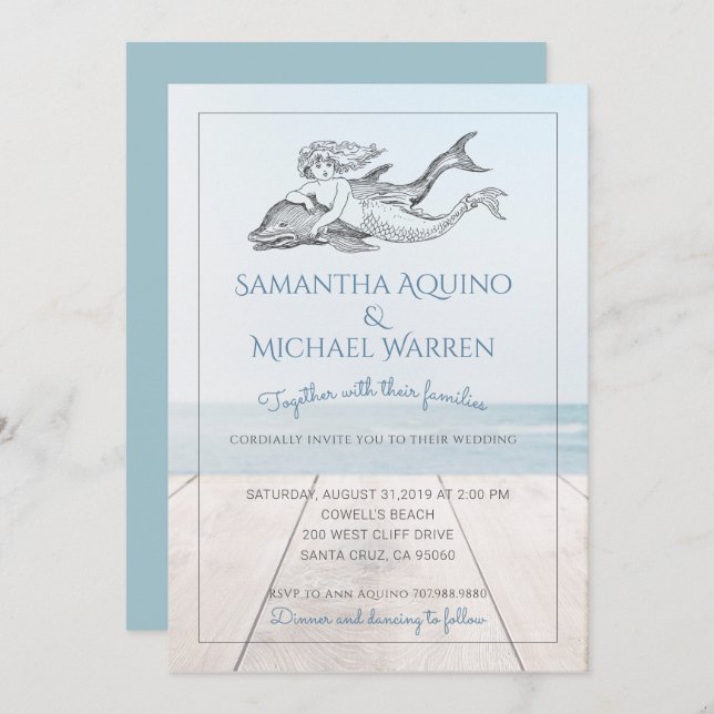 Mermaid And Dolphin Beach Wedding Invitation (Front/Back)