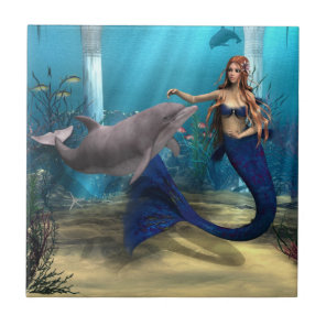 Mermaid and Dolphin Ceramic Tile
