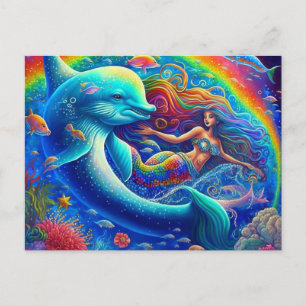Mermaid and Dolphin Colorful 1990s style Postcard