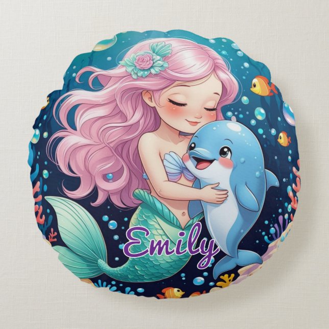 Mermaid and Dolphin Round Pillow – Custom Name (Front)