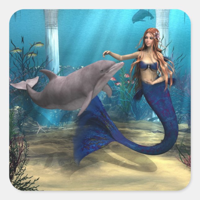 Mermaid and Dolphin Square Sticker (Front)