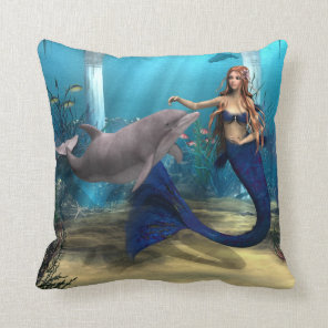 Mermaid and Dolphin Throw Pillow