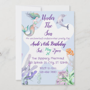 Mermaid and Dolphin Under the Sea Birthday  Invitation