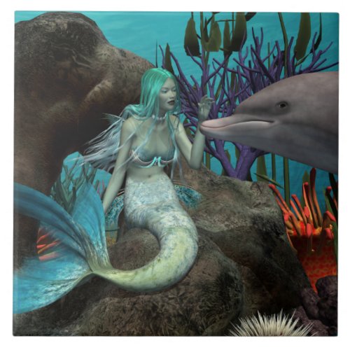 Mermaid and Dolphin Under the Sea Ceramic Tile
