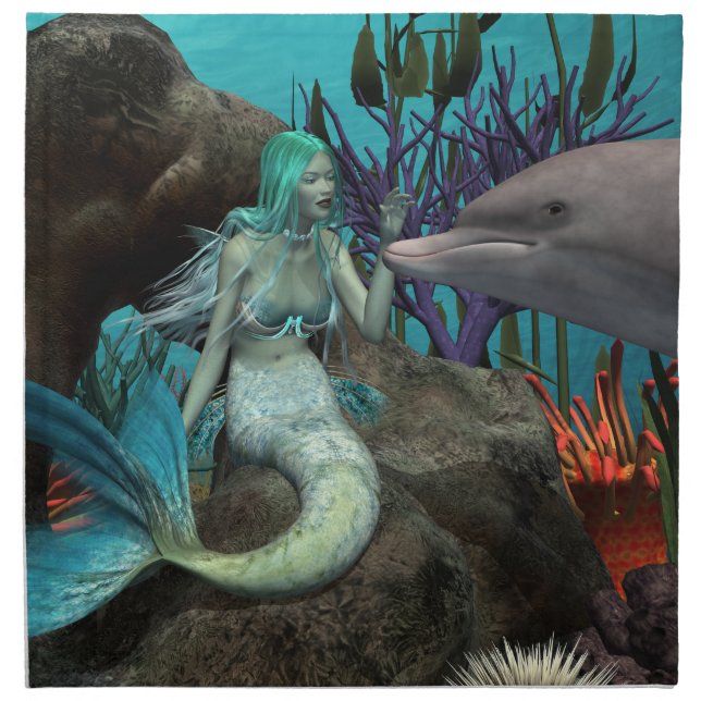 Mermaid and Dolphin Under the Sea Cloth Napkin (Front)