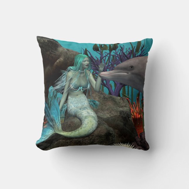 Mermaid and Dolphin Under the Sea Throw Pillow (Front)