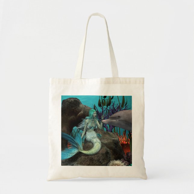 Mermaid and Dolphin Under the Sea Tote Bag (Front)