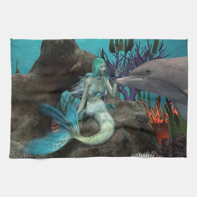 Mermaid and Dolphin Under the Sea Towel (Horizontal)