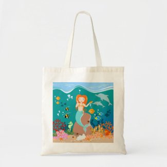 Mermaid and dolphins birthday party budget tote bag