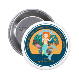Mermaid and dolphins birthday party 2 inch round button