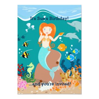 Mermaid and dolphins birthday party card