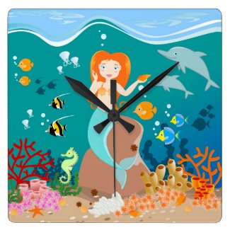 Mermaid and dolphins birthday party square wall clock
