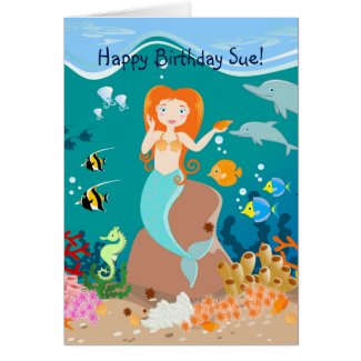 Mermaid and dolphins birthday party greeting card