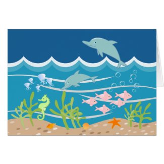 Mermaid and dolphins birthday party greeting card